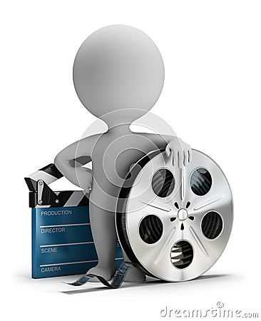 3d small people - cinema clapper and film tape Stock Photo