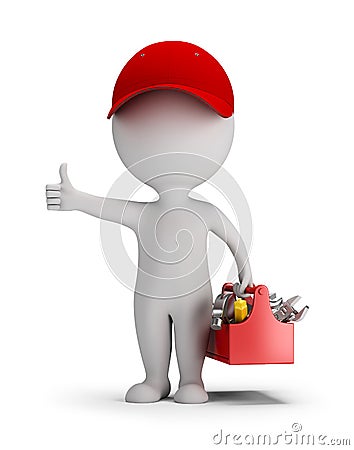 3D Small People - Mechanic with Tool Box Stock Photo