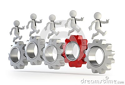 3d small people - run on connected gears Stock Photo