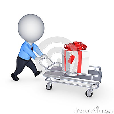 3d small person with giftbox on pushcart. Stock Photo