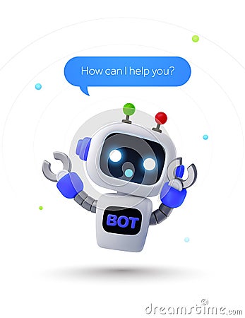 3d smart and cute robot or AI help desk banner template. Combination of chatbot, welcome mesage, CTA button isolated on Vector Illustration