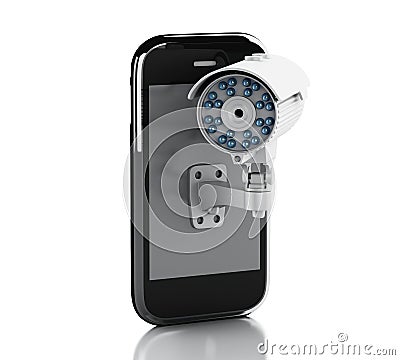 3d Smartphone with CCTV camera. Mobile security concept. Stock Photo