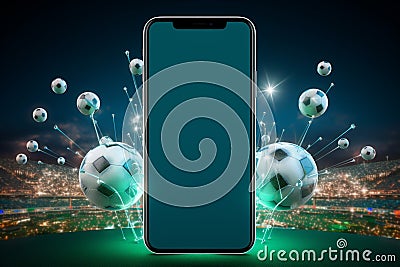 In 3D, a smartphone displays a live soccer game on its white screen against a dark backdrop Stock Photo