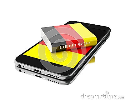 3d Smartphone with germany book. Learning languages. Stock Photo