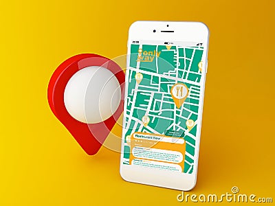 3d Smartphone with GPS map navigation app with planned route Cartoon Illustration