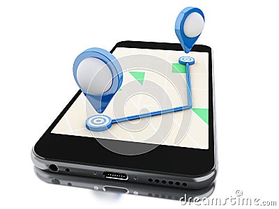 3d Smartphone with a map, blue pointer and planned route on screen. Stock Photo