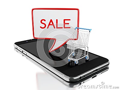 3d Smartphone with shopping cart promoting sale discounts Cartoon Illustration