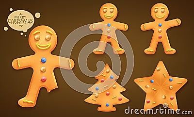 3D Smiling Brown Gingerbread Man, Christmas Tree and Star Cookies Set Vector Illustration