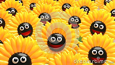 3d Smiling happy field of yellow sunflowers looking at the camera Cartoon Illustration