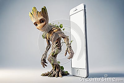 3D smooth caricature styled. Full length Groot from the movie Guardians of the Galaxy leaning from left near very big white screen Stock Photo