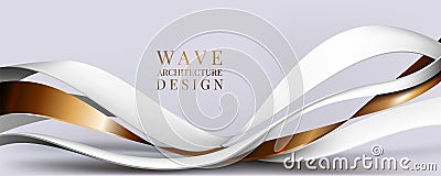 3D smooth texture. Soft white and gold ribbons. Wave architecture design. Undulating relief. Futuristic landscape or Vector Illustration