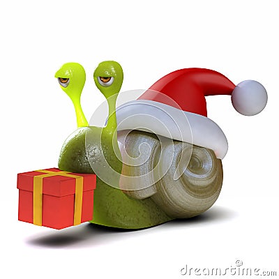 3d Snail dressed as Santa carrying a Christmas gift Stock Photo