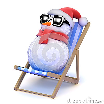 3d Snowman sunbathing in a deckchair Stock Photo