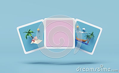 3D social media or communication online platform with lifebuoy, water splash, palm, play icons, photo frame isolated on blue Cartoon Illustration