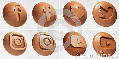 3D Social media wood texture icon Editorial Stock Photo