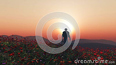 3D soldier walking in a poppy field Stock Photo