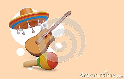 3D sombrero, guitar, maracas. National holiday. Mexican costume festival Vector Illustration