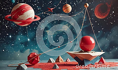 3D space scene features red and white striped planet, red sphere, and red sphere, with string connecting them Stock Photo