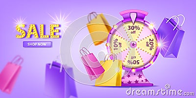 3D special sale background, vector lucky wheel shopping offer banner, fortune roulette game, bags. Vector Illustration