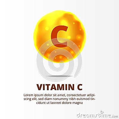 3D sphere yellow gold vitamin C molecule for healthcare, medicine, supplement Cartoon Illustration