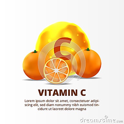 3D sphere yellow gold vitamin C molecule with orange fruit with slice lemon for healthcare Cartoon Illustration