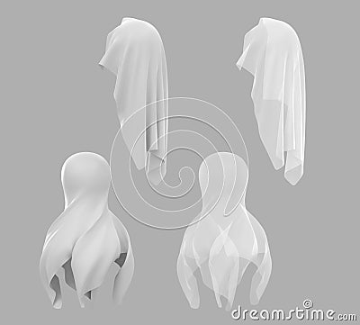 3D Spheres covered white silk cloth. Set of flying textile in shape rocket or ghost costume on halloween. Balls hidden Stock Photo