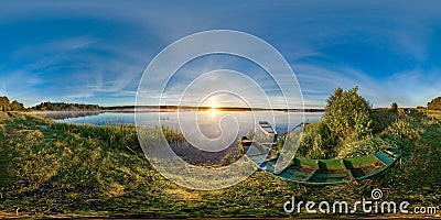 3D spherical panorama with 360 viewing angle. Ready for virtual reality. Sunrise at the bank of lake. Boats on the bank of lake. Stock Photo