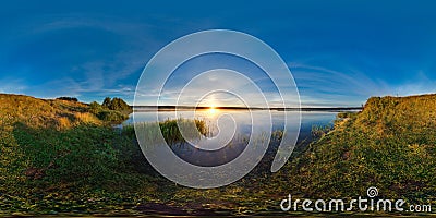 3D spherical panorama with 360 viewing angle. Ready for virtual reality or VR. Sunrise at the bank of lake. Deep blue sky. Stock Photo