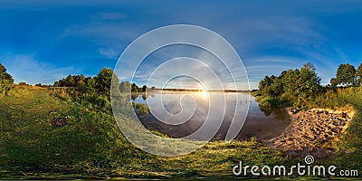 3D spherical panorama with 360 viewing angle. Ready for virtual reality or VR. Sunrise at the bank of lake. Stock Photo