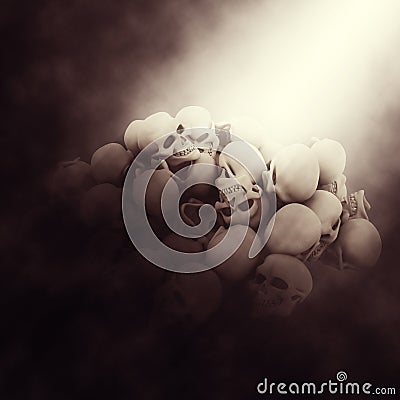 3D spooky background with pile of skulls Stock Photo