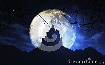 3D spooky castle against a moonlit sky Stock Photo