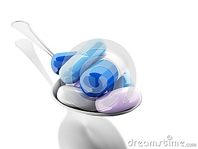 3d Spoon full of colorful pills and capsule Cartoon Illustration
