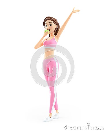 3d sporty woman eating apple Cartoon Illustration