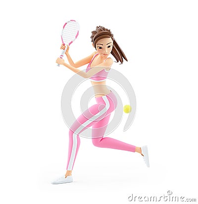 3d sporty woman playing tennis Cartoon Illustration