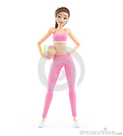 3d sporty woman standing with volley ball Cartoon Illustration