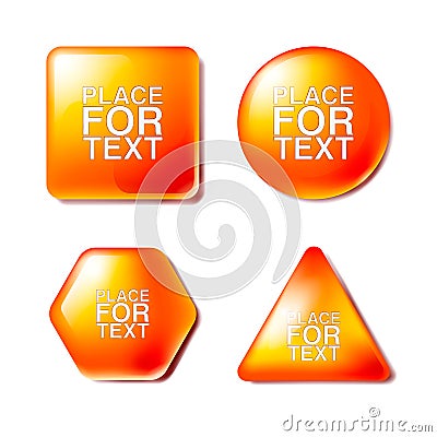 3D Square, Circle, Hexagon, Triangle. Set of blank orange buttons for website or app. Place for text. Vector Illustration