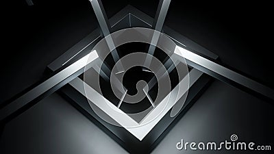 3D square rings rotate in hole. Design. 3D installation with square hole and rings rotating at edges. Square and angular Stock Photo