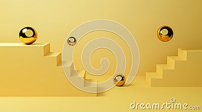 3d stairs up. Gold stairs up and wall background for banner and product presentation. Side view of stairway geometrical abstract Stock Photo