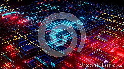 3d steel cubes, Abstract flying, fluorescent light, glowing neon cubes, Cubic Network Nodes and Wires. low poly waving Stock Photo