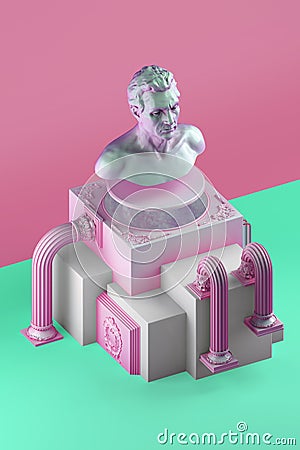 3d still life with bust statue and architectural forms on pink and green Stock Photo