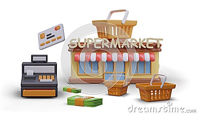 3D store building, cash register, credit card, money, shopping baskets Vector Illustration