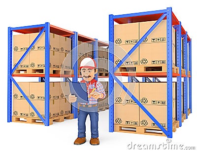 3D Storekeeper checking pallets in the warehouse Cartoon Illustration