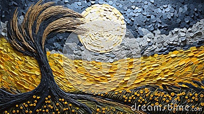 Yellow Tree And Moon Painting In Paper Sculpture Style Stock Photo