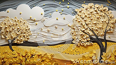 Ethereal 3d Paper Art Autumn Trees, Sun, And Clouds Stock Photo