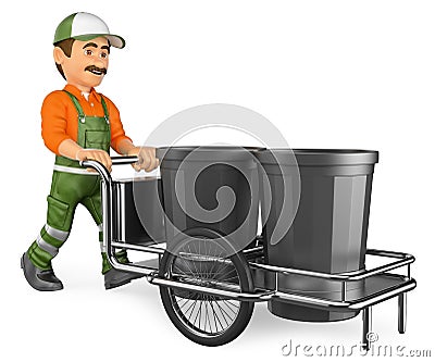 3D Street sweeper working with his garbage trolley Cartoon Illustration