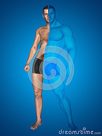 3D strong young male man bodybuilder vs underweight thin on blue background Stock Photo