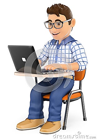 3D Student in class with a laptop Stock Photo