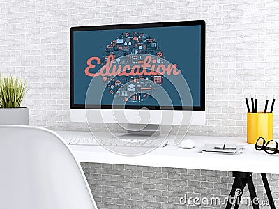 3d Student workspace with computer Cartoon Illustration