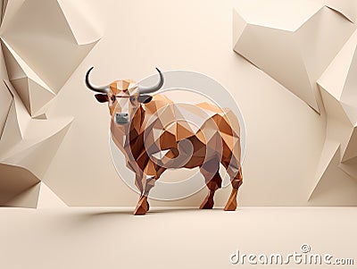 3D studio setup with impeccable lighting, showcasing a stylized bull sculpture. Stock Photo