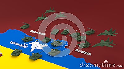 3d stylized schemitic map of Kyiv Kiev capital cyty of Ukraine surrounded with russian tanks and military aircrafts Stock Photo